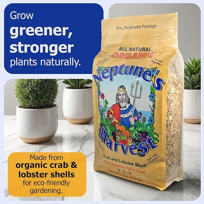 Neptune’s Harvest Organic Crab & Lobster Shell Multi-Purpose Plant Food (5-3-0) - 4 LB Resealable Bag - Rich in Nutrients Soil Fertilizer - Plant Food for Lawns, Gardens, and Vegetables