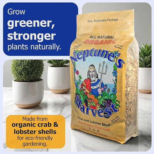 Neptune’s Harvest Organic Crab & Lobster Shell Multi-Purpose Plant Food (5-3-0) - 4 LB Resealable Bag - Rich in Nutrients Soil Fertilizer - Plant Food for Lawns, Gardens, and Vegetables
