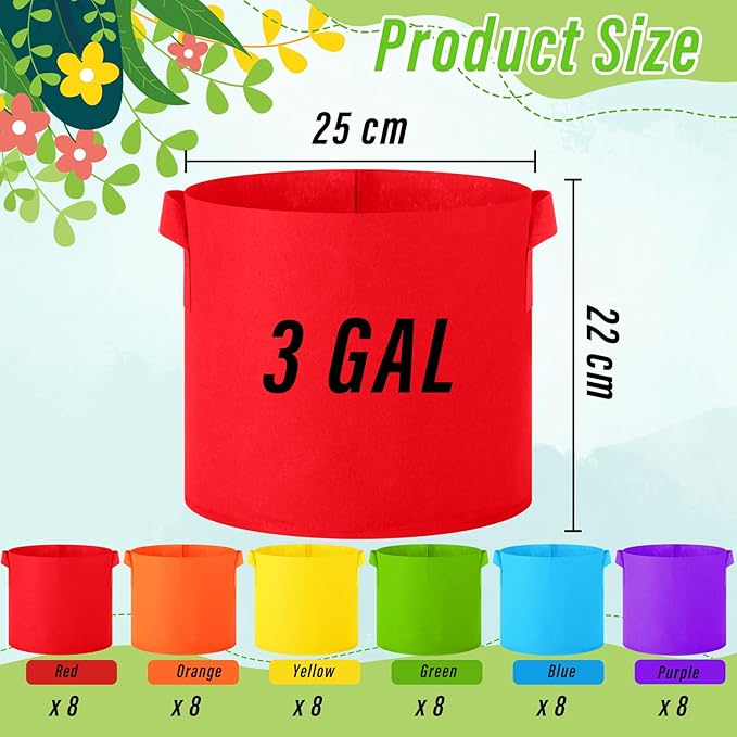 48 Pcs Multicolor Plant Grow Bags Large Grow Bags Fabric Planter Thickened Non Woven Fabric Pots with Handles for Indoor Outdoor Garden Planting Seeds Flower, 6 Colors (3 Gallon)