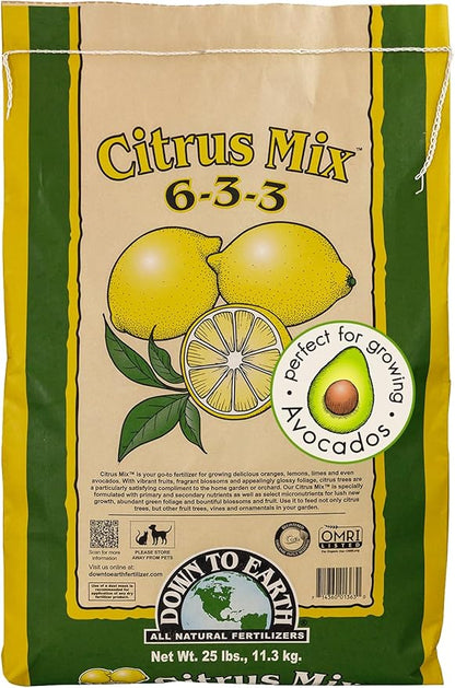Down To Earth All Natural Fertilizers Organic Citrus Mix - Plant Food for Lemons, Limes, Oranges and Avocados 6-3-3, 25 lb