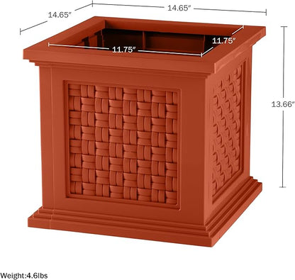 Rattan Style Outdoor Planter Box - 14.65-Inch-Square Decorative Flower or Plant Pot - Garden, Patio and Front Porch Decor by Pure Garden (Terracotta)