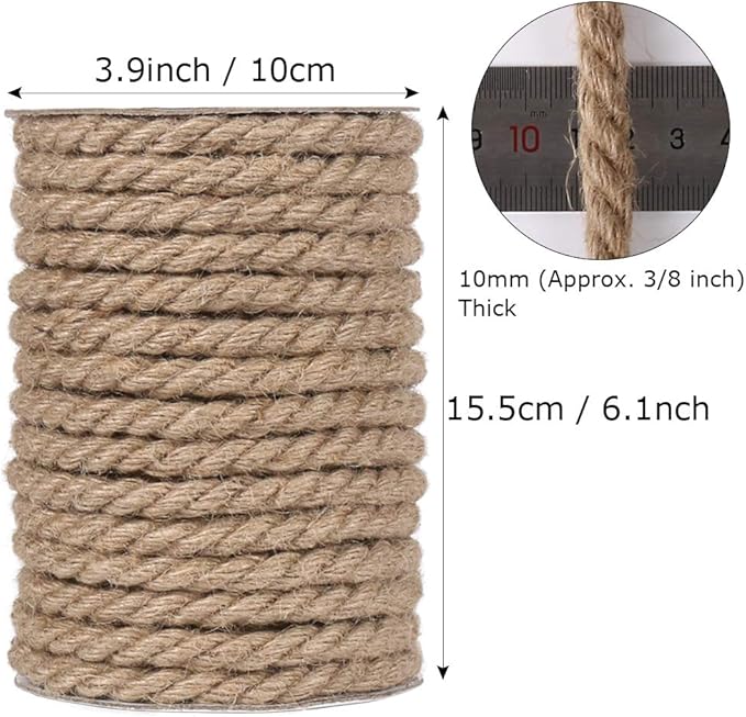Tenn Well 10mm Jute Rope, 50 Feet 3/8 inch Heavy Duty and Thick Twine Decorative Rope for Crafting, Cat Scratch Post, Gardening, Farmhouse Decor, Home Decor