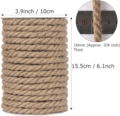Tenn Well 10mm Jute Rope, 50 Feet 3/8 inch Heavy Duty and Thick Twine Decorative Rope for Crafting, Cat Scratch Post, Gardening, Farmhouse Decor, Home Decor