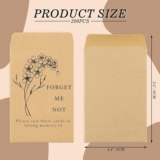 Whaline 200 Pack Seed Packets Forget Me Not Prints Kraft Envelopes Rustic Small Flower Seeds Storage Self-Adhesive Packets for Garden Office Supplies, 3.5 x 2.4 Inch