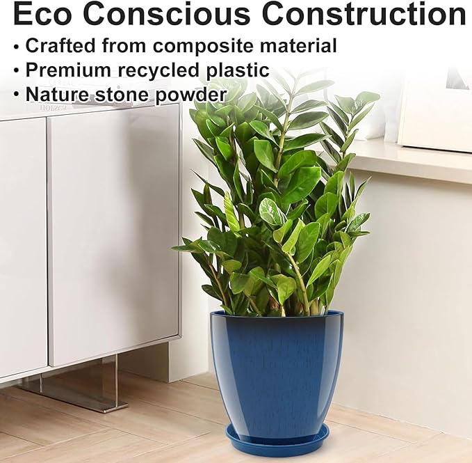 GameXcel Flower Pot Indoor - Outdoor Plant Pot - Navy Blue Glossy Planter - Elegant Ceramics Imitation - 12" Diameter 12" Tall with Drainage Holes and Saucer 2 Pack