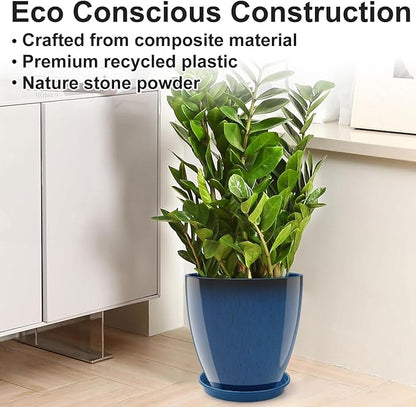 GameXcel Flower Pot Indoor - Outdoor Plant Pot - Navy Blue Glossy Planter - Elegant Ceramics Imitation - 12" Diameter 12" Tall with Drainage Holes and Saucer 2 Pack