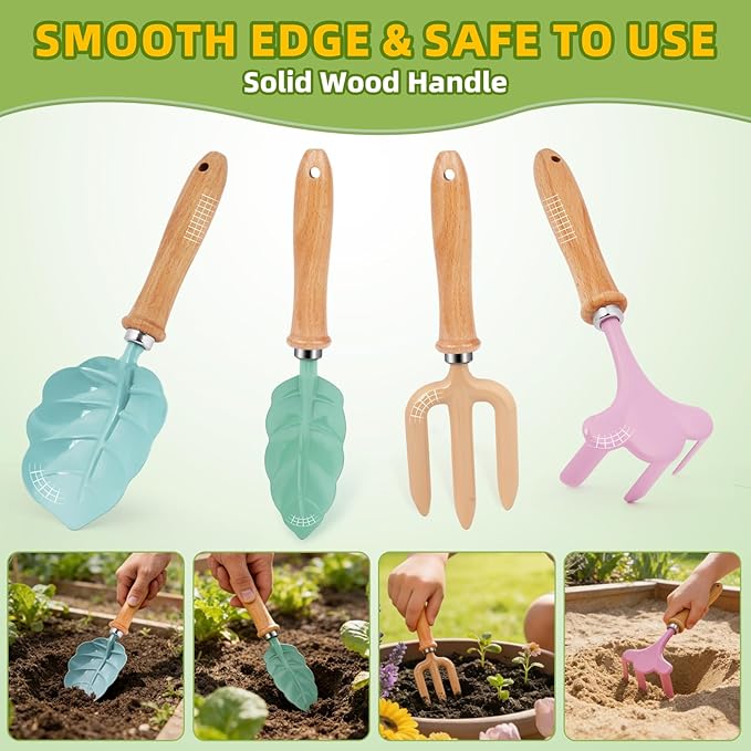 9PCS Gardening Set Toys for Kids, Quality Garden Tool Kit Includes Tote Bag, Gloves, Shovel, Rake, Cultivator, Watering Can, Learning Outdoor Gifts for Suitable for Cultivating Interest