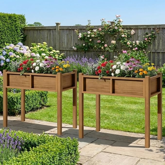 DWVO Raised Garden Bed HDPE with Legs Poly-Wood Weatherproof Elevated Planter Box Outdoor with Drainage System Patio Planters for Herbs Vegetables Flowers Plant Bed for Garden Balcony Backyard, Teak