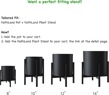 FaithLand Plant Pot 14 inch - Perfectly Fits Mid-Century Modern Plant Stand - Drainage Plug and Drainage Mesh Screen - Matte Black