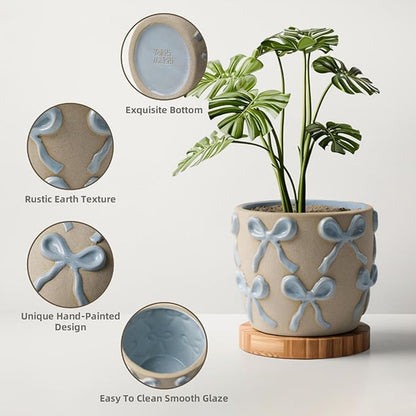 Ceramic Flower Pots for Indoor and Outdoor Plants, Succulent Orchid Round Clay and Terracotta Planter for Garden Home Modern Decoration 5.3 Inch (Blue Bow, Without Saucers)