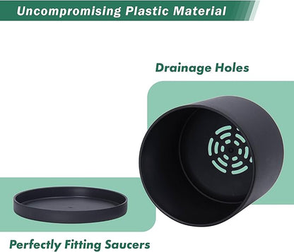 D'vine Dev 4 Pack 5.5 Inch Modern Plastic Plant Pots, Small Garden Planters for Plant with Drainage Holes and Saucers, Black Color, 74-Y-H-2