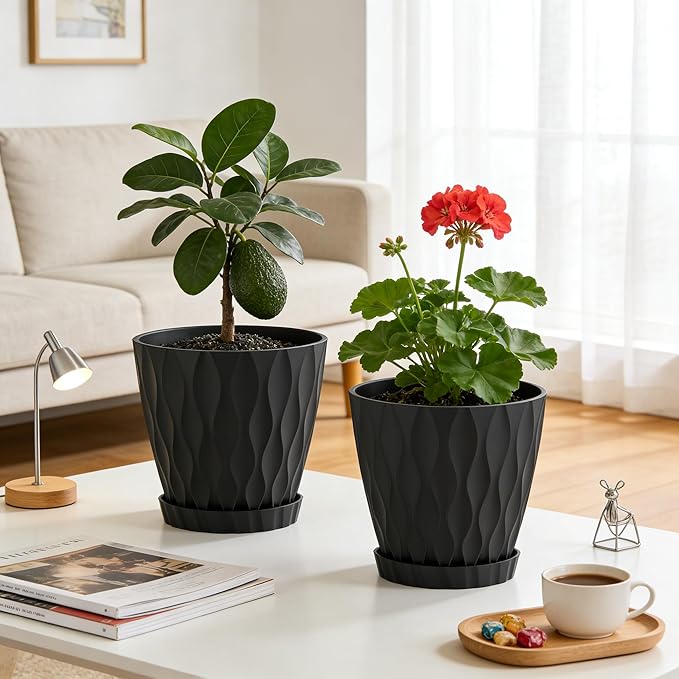 8 Inch Plant Pots, 2 Pack Plastic Planters for Indoor Outdoor with Drainage Holes & Saucers, Waffle Texture Flower Pots for Indoor Plants, Indoor Plant Pots for Monstera, Fiddle Leaf Fig, Black