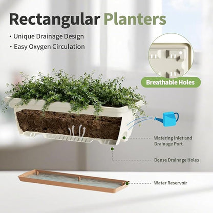 Window Box Planter, 6 Pack Plastic Vegetable Flower Window Planters Boxes 16 Inches Rectangular Flower Pots with Drainage Holes and Saucers (White)