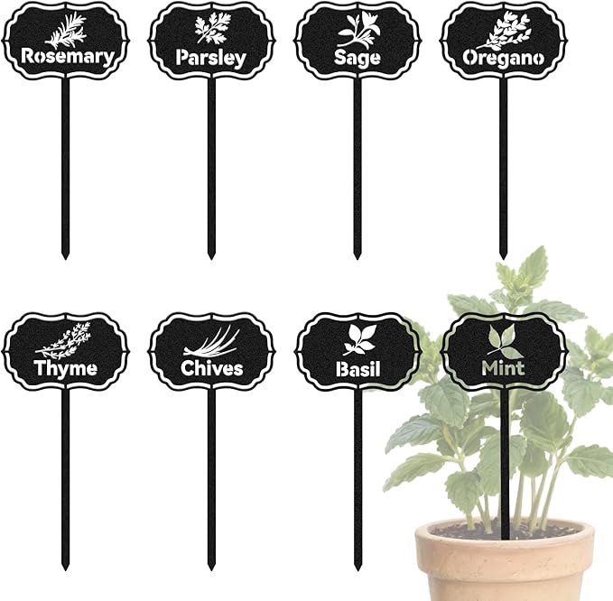 CUTHOLLOW 8PCS Metal Plant Markers Stakes Food Spices with Pattern for Outdoor Indoor, 3.5"x7" Waterproof Cute Garden Plant Labels Signs Tags for Farmhouse Greenhouse Decor - Funny Gardening Gifts