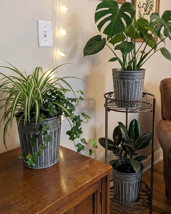vensovo 7 Inch Silver Metal Rustic Flower Pots - 6Pcs Medium Galvanized Planters with Drainage Hole and Rubber Plug, Rustproof Metal Bucket Plant Pots Farmhouse Vintage Style for Decor