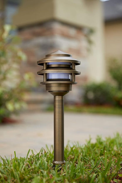 VOLT 12V 3-Tier Brass Pagoda Path Light (Bronze) for Low Voltage Landscape Lighting on Outdoor Pathway, Walkway, Garden, Driveway or Patio