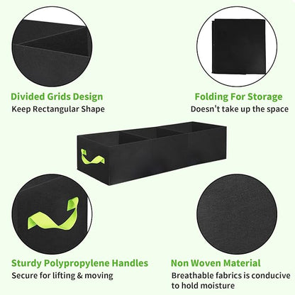 ANGELIOX 2Pcs Grow Bags, 3-Grids Rectangle Grow Bag,14 Gallon Thickened 400G Fabric Garden Bed, Nonwoven Square Flower Planter Containers for Flowers,Vegetable,Fruit, Growing Pots with Handles