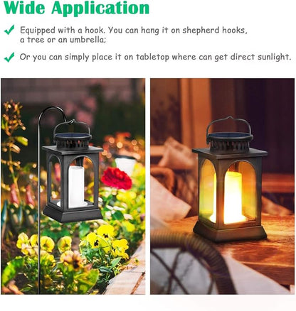 TomCare Solar Lights Flickering Flame Upgraded Metal Solar Lantern Outdoor Hanging Decorative Lanterns Heavy Duty Solar Powered Waterproof Outdoor Lighting for Patio Garden Deck Yard, 2 Pack (Black)