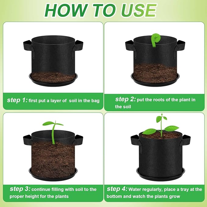 24 Sets 2 Gallon Grow Bag with Plant Saucers, Durable Aeration Fabric Pots with Handles Black Drainage Planter Bags Reusable Garden Bags Plastic Drip Trays Set for Indoor Outdoor
