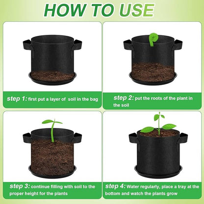 24 Sets 2 Gallon Grow Bag with Plant Saucers, Durable Aeration Fabric Pots with Handles Black Drainage Planter Bags Reusable Garden Bags Plastic Drip Trays Set for Indoor Outdoor