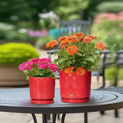 Ceramic Plant Pots, 8 Inch Plant Pots Indoor Outdoor, Round Flower Pot with Drainage Hole and Sacuer, Boho Pot for Plants, Decorative Planter, Home Room Bathroom Decor, Garden Gifts, Red