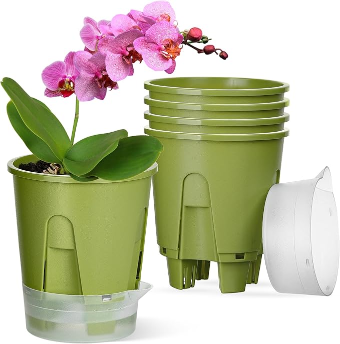 Plant Pots 6 inch Set of 5, Self Watering Pots for Indoor Outdoor, Upgraded Water Inlet Self Watering Planters Flower Pots with Drainage Hole and Clear Saucer Reservoir (Green)