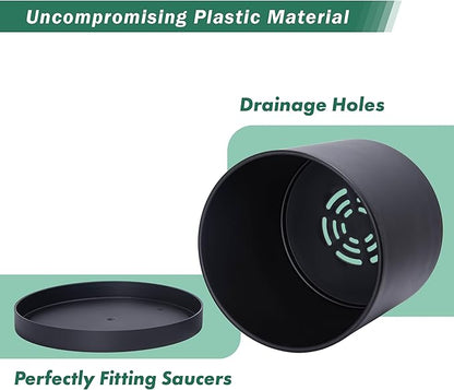 D'vine Dev 10 Inch Plastic Planter Pots for Plant Pot with Drainage Hole and Seamless Saucers, Black Color, 74-X-B-2