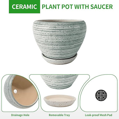 Deep Dream 6 Inch Plant Pots- Ceramic Planter Pot with Drainage Hole and Saucer, Round Flower Pot for Indoor Outdoor Succulent, Snake Plants and Cactus, Brushed Green