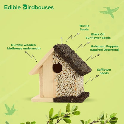 Edible Birdhouse - Birdseed Bird Feeder, Wooden Birds Houses Covered in Wild Bird Food, Squirrel Resistant Birds Feeders for Outside Hanging, Watching Gift for Garden Lovers, (SD)