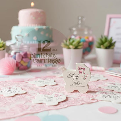 Carriage-Shaped Seed Paper – 12 pcs Pink Shower Favors for Guests with Wildflower Seeds, Writable & Plantable, Gender Reveal, Birthday Gifts for Guest