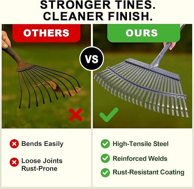 3-Piece Leaf Rake Kit – Adjustable Heavy-Duty Yard Rake with 25 Tines (36–73"), 32-Gal Tear-Resistant Bag & Leather Gloves – Fall Cleanup Set for Lawn, Shrubs & Gardens