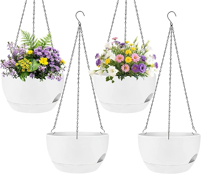 Set of 4-8 Inch Self Watering Hanging Planters for Indoor Outdoor，Hanging Plant Pots with Drainage & Removable Tray, Hanging Pots Holder for Ivy, Pothos, Ferns, Balcony & Patio, White
