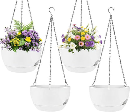Set of 4-8 Inch Self Watering Hanging Planters for Indoor Outdoor，Hanging Plant Pots with Drainage & Removable Tray, Hanging Pots Holder for Ivy, Pothos, Ferns, Balcony & Patio, White