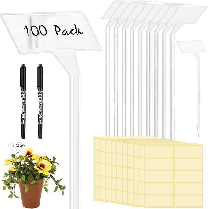 202 Pcs Large Plant Labels Kit, Include 100 Outdoor Plastic Plant T Type Tags Waterproof Reusable Plant Markers Stakes, 100 PET Films and 2 Marker Pens for Garden Herbs Flowers Pot (White, 11.8 Inch)