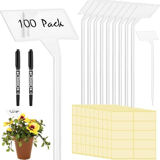 202 Pcs Large Plant Labels Kit, Include 100 Outdoor Plastic Plant T Type Tags Waterproof Reusable Plant Markers Stakes, 100 PET Films and 2 Marker Pens for Garden Herbs Flowers Pot (White, 11.8 Inch)