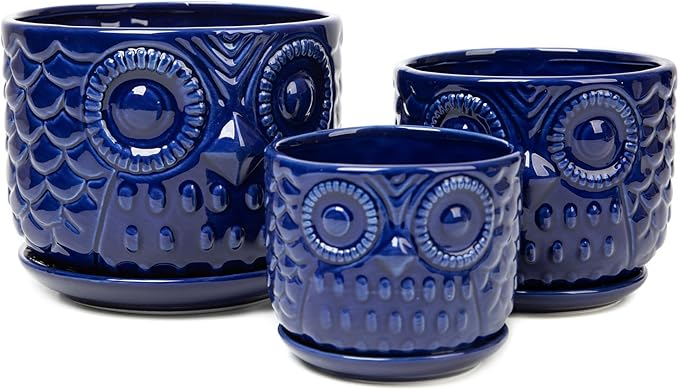 Ceramic Flower Pots, Ceramic Planters with Drainage Hole and Saucer, Modern Round Indoor Succulent Planters with Owl Design, Small to Medium-Sized, Set of 3, Navy Blue