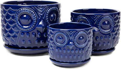 Ceramic Flower Pots, Ceramic Planters with Drainage Hole and Saucer, Modern Round Indoor Succulent Planters with Owl Design, Small to Medium-Sized, Set of 3, Navy Blue