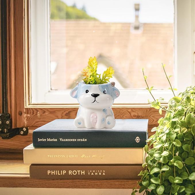 DIYOMR Cute Animals Planter, Mini Ceramic Cartoon Animal Shaped Succulent Flower Pot Indoor Air Plants Holder, Smooth Shiny Decorative Flower Cactus Planter - Plants Not Included (Cow)