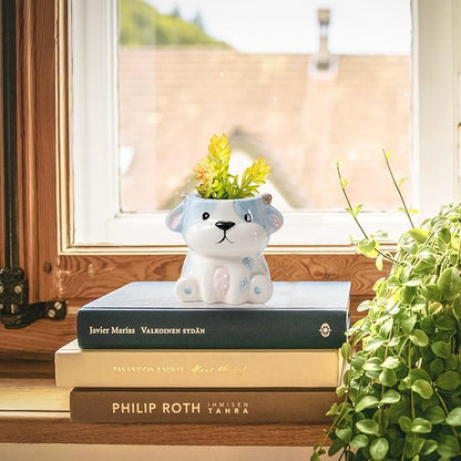 DIYOMR Cute Animals Planter, Mini Ceramic Cartoon Animal Shaped Succulent Flower Pot Indoor Air Plants Holder, Smooth Shiny Decorative Flower Cactus Planter - Plants Not Included (Cow)