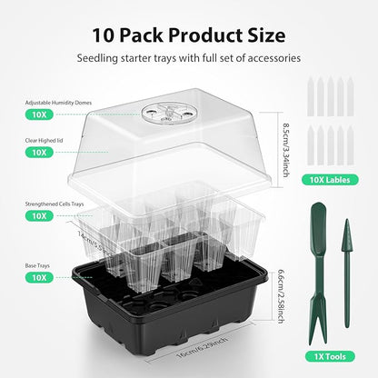 Seed Starter Tray, 10PCS Seed Starter Kit, Seedling Starter Trays with Heightened Lids for Seed Staring, Indoor Gardening Plant Germination Trays (12 Cells per Tray) Black