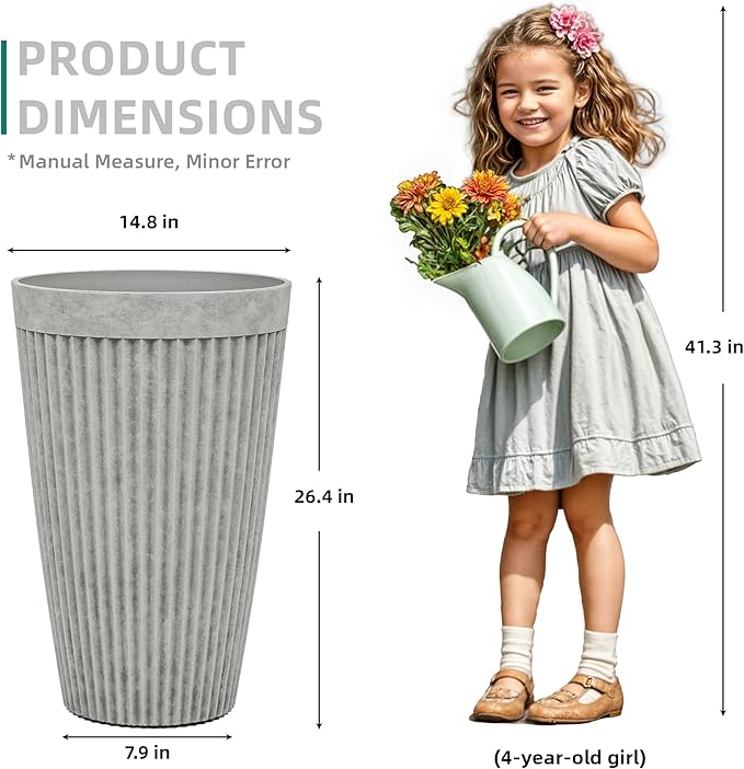 20" Tall Planters Set of 2, High-Density Resin Fluted Outdoor Pots for Plants, Versatile Indoor/Outdoor Flower Pots w/Drainage Holes for Patio, Garden, Porch & Living Room Decor, Ideal Gift