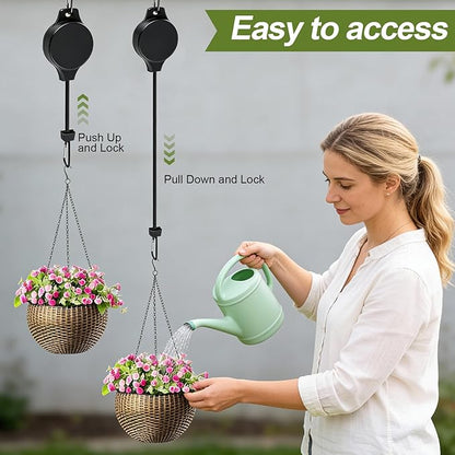 Retractable Plant Hanger with Pulley System, Effortless Raising and Lowering for Indoor and Outdoor Plants, Hanging Planters, Garden Pots & Bird Feeders (4-Pack,Black)