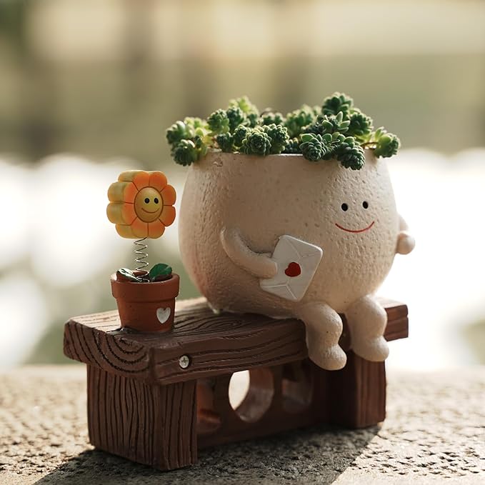 Smiley Face Planter Pots Sitting Sunflower Planter, Cute Planters for Indoor Outdoor Plants, Succulent Pots with Drainage Hole Unique Ideals Gift for Plant Lovers