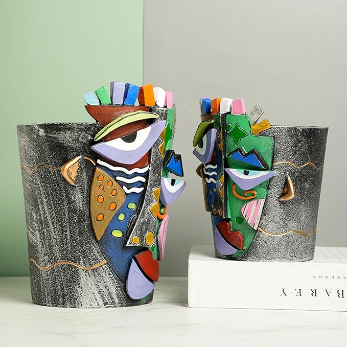 Picasso Face Planter Pots Abstract Art Colorful Flower Vase with Drainage Hole Unique Head Flower Pots for Home Balcony Decoration (S+L)