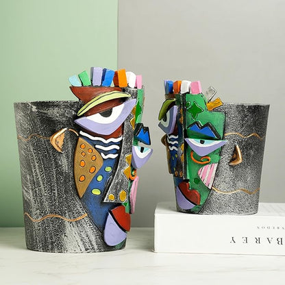 Picasso Face Planter Pots Abstract Art Colorful Flower Vase with Drainage Hole Unique Head Flower Pots for Home Balcony Decoration (S+L)