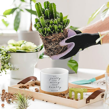 Sieral 6 Pcs Bible Verse Succulent Pots White Ceramic Flower Planter with Bamboo Tray Small Pots Christian Gift Succulent Planters for Patio Garden 3 x 3 x 2 Inch, Plants Not Included(Bible Style)