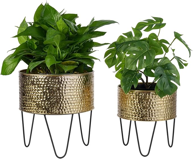 MyGift Modern Brass Tone Metal Planter Pots with Pebbled Texture, Hammered Plant Containers with Matte Black Wire Stands, 2 Piece Set, 8 and 10 Inch - Handcrafted in India