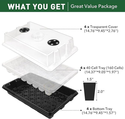 YAUNGEL Seed Starting Trays, XL Thicken Seed Starter Tray Kit with Humidity Dome Durable Growing Trays for Greenhouse & Gardens, 4 Pack 160 Cells, Black