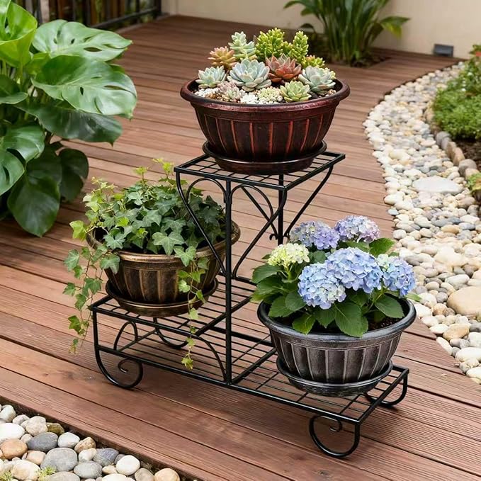 NIKONIKO 12 Inch Plant Pots, 6-Pack Plastic Wide Ribbed Planters with Drain Holes & Trays, Fluted Design Flower Pots for Indoor and Outdoor Plants