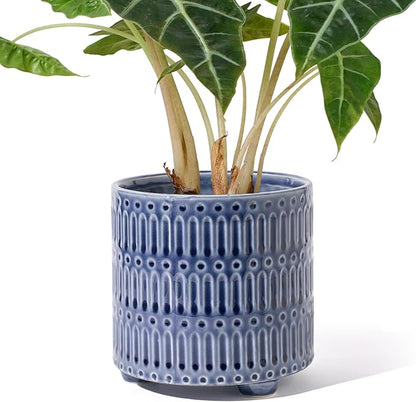 5 Inch Ceramic Planters for Indoor Plants, Blue Cactus Snake Plant Pots with Drainage, Unique Design Round Flower Pot for Home Decoration